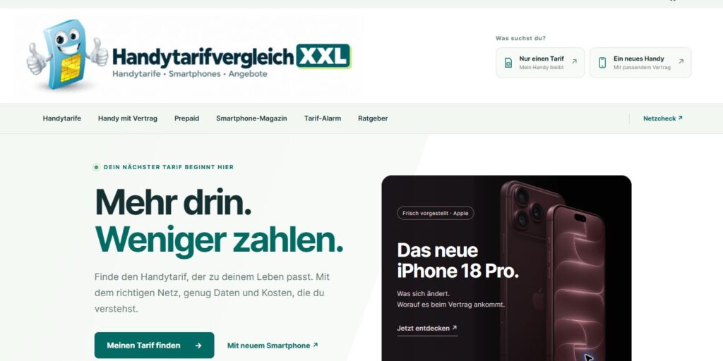 Startseite von Handytarifvergleich XXL, Stand Oktober 2026